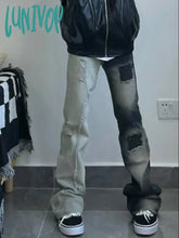 Lunivop Dark Academia Grunge Japanese Harajuku Y2K Streetwear Slim Low Rise Flare Patchwork Denim